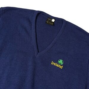 Vintage‎ Blarney Castle Ireland Knitwear Sweater V Neck Blue Medium Shamrock